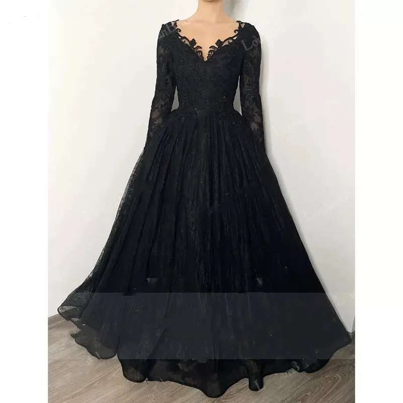 Gothic Long Sleeves Lace Wedding Dress Black V Neck sold by My Chic Dress