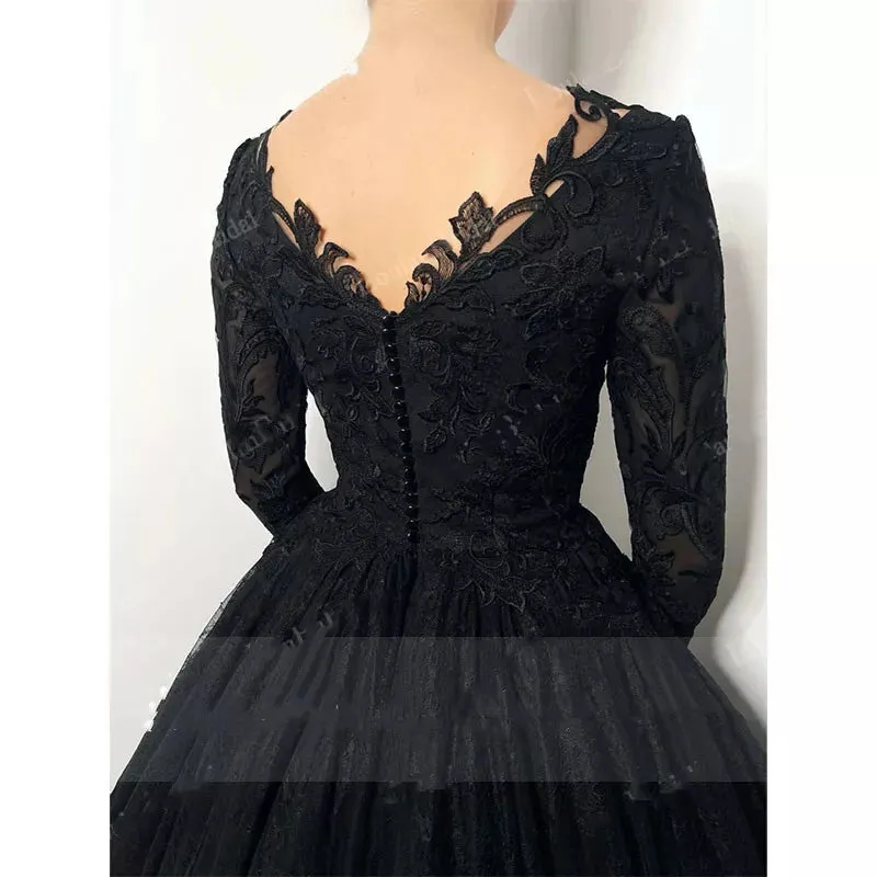 Gothic Long Sleeves Lace Wedding Dress Black V Neck sold by My Chic Dress product image thumbnail 3