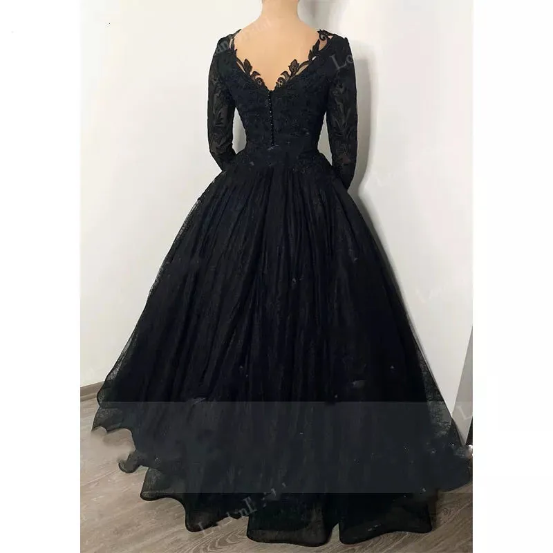 Gothic Long Sleeves Lace Wedding Dress Black V Neck sold by My Chic Dress product image thumbnail 2