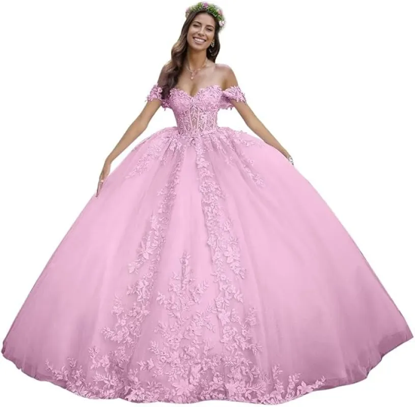Puffy Lace Pink Quinceanera Dresses Off Shoulder for Sweet 15 16 Dress sold by My Chic Dress