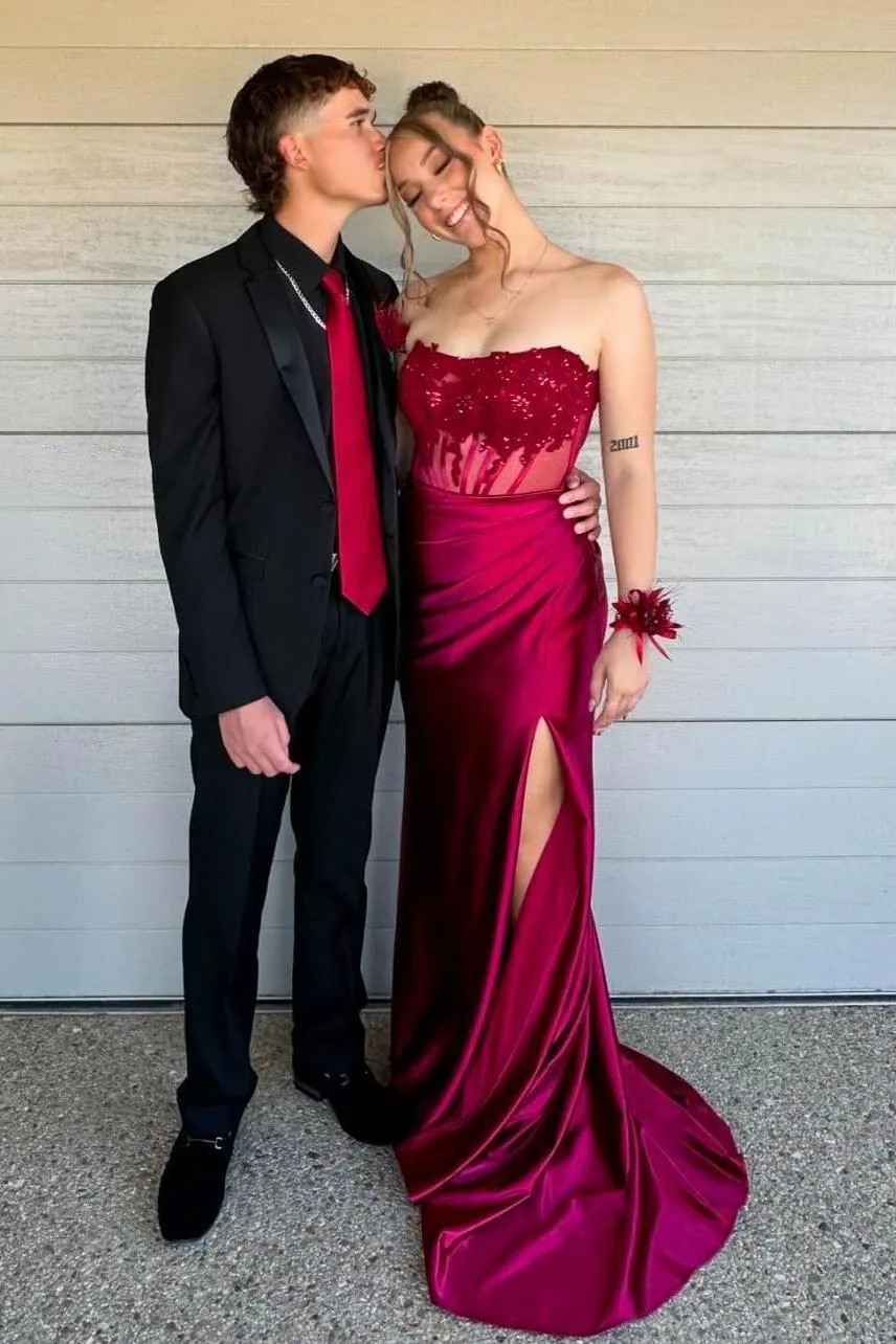 Red Strapless Fitted Senior Prom Dress Lace Appliques Long Formal Gown sold by My Chic Dress