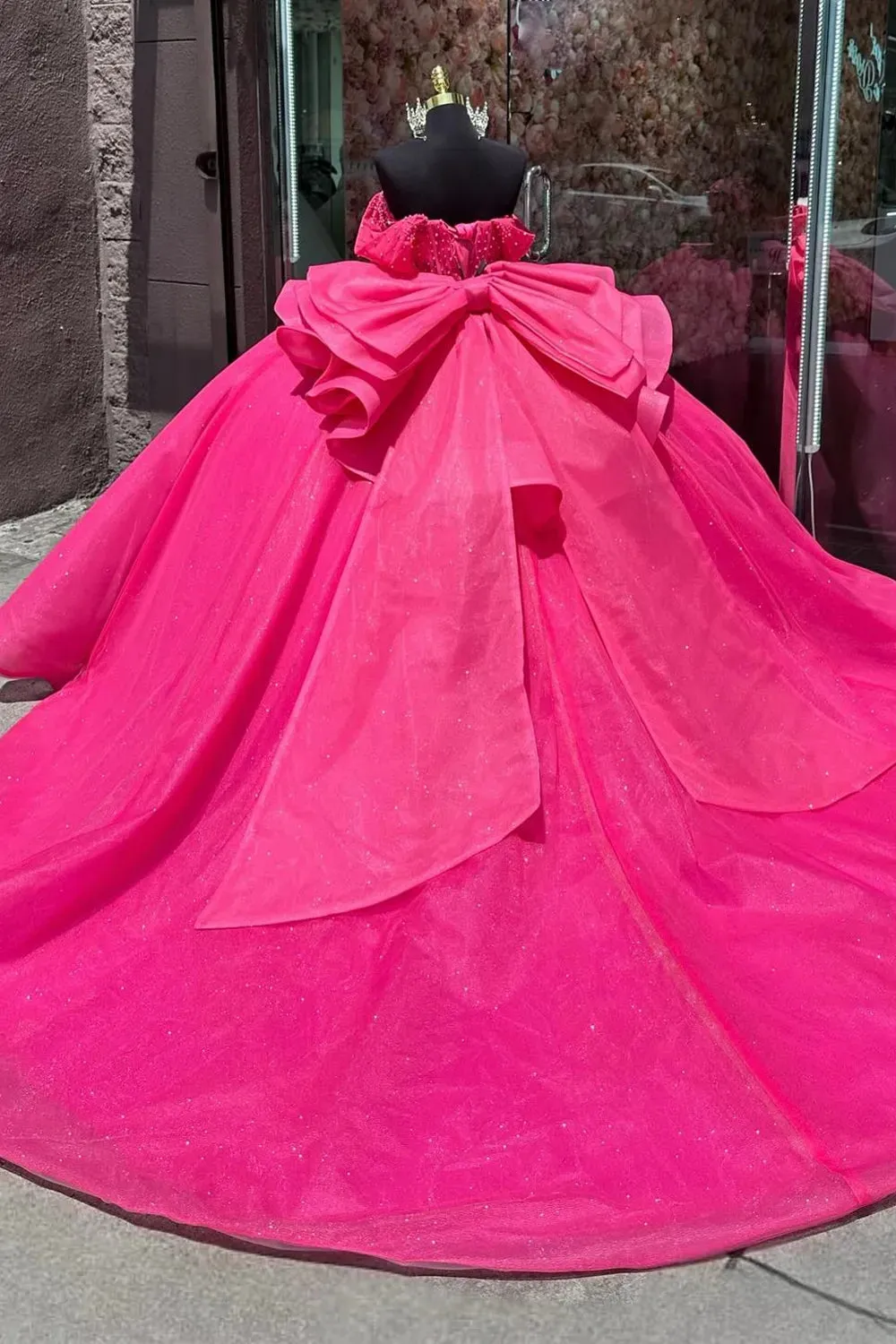 Pearls Sequin Fuchsia Quinceanera Dress with Bow Off the Shoulder sold by My Chic Dress product image thumbnail 2
