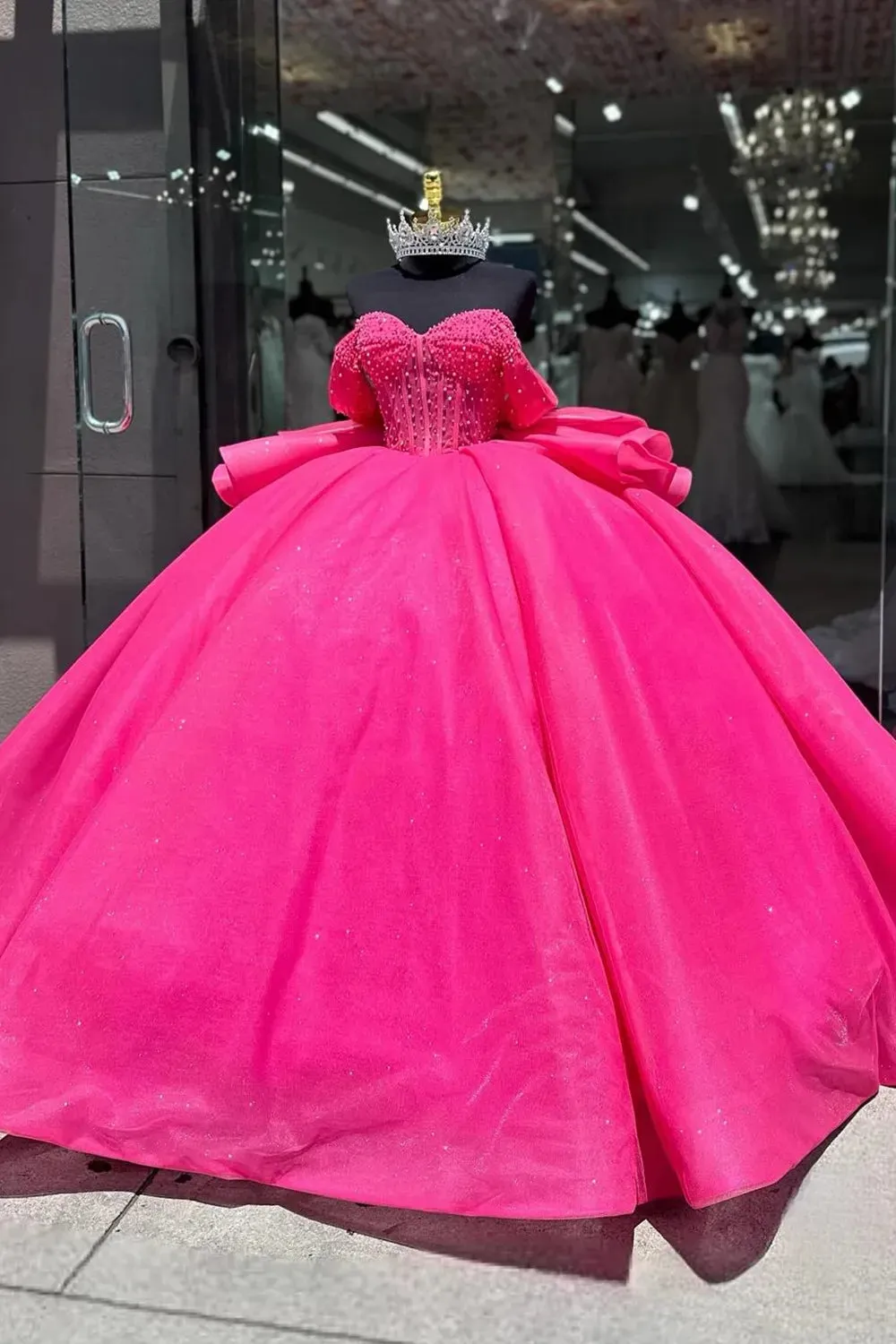 Pearls Sequin Fuchsia Quinceanera Dress with Bow Off the Shoulder sold by My Chic Dress
