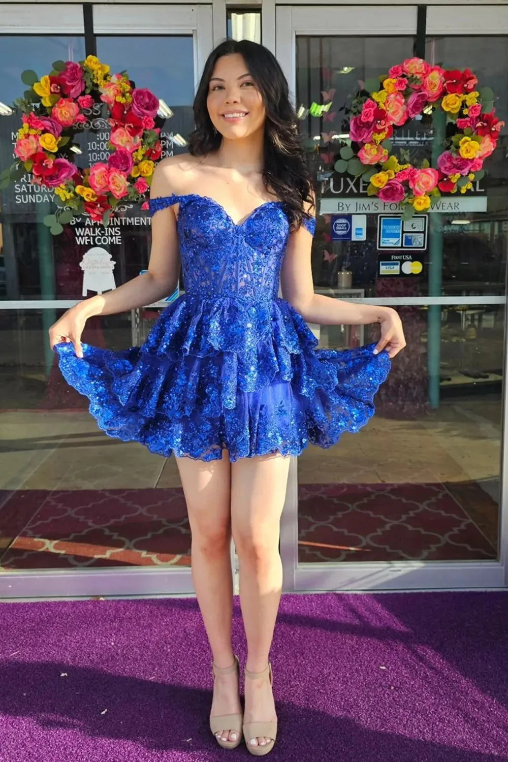 A Line Royal Blue Corset Homecoming Dress Tiered Off the Shoulder sold by My Chic Dress