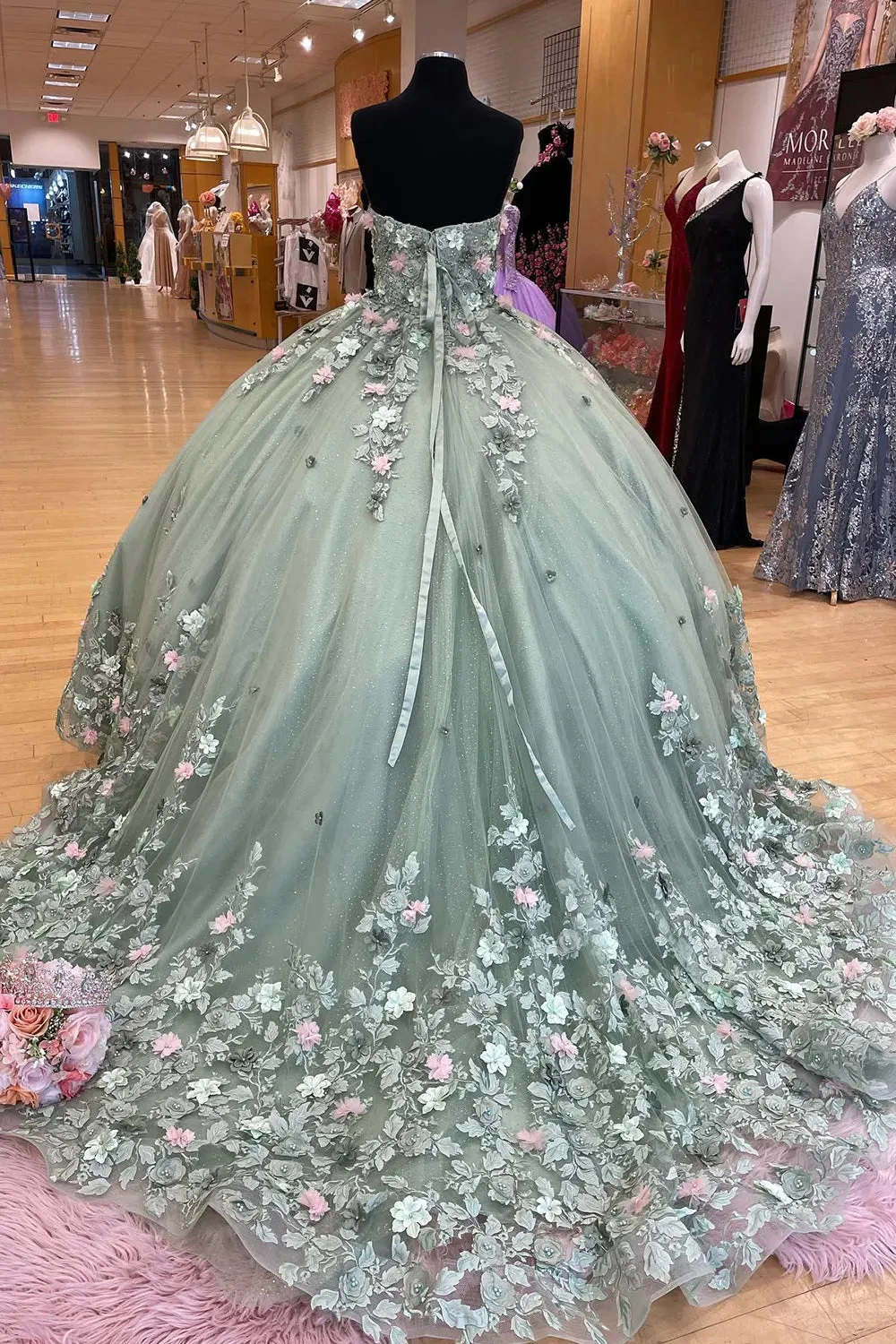Ball Gown Mint Floral Quinceanera Dress Sweetheart with Pearls Appliques sold by My Chic Dress product image thumbnail 2