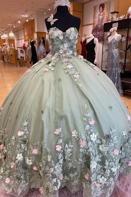 Ball Gown Mint Floral Quinceanera Dress Sweetheart with Pearls Appliques sold by My Chic Dress