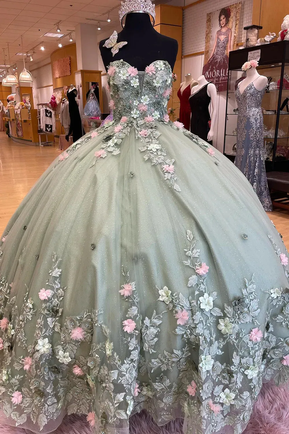 Ball Gown Mint Floral Quinceanera Dress Sweetheart with Pearls Appliques sold by My Chic Dress
