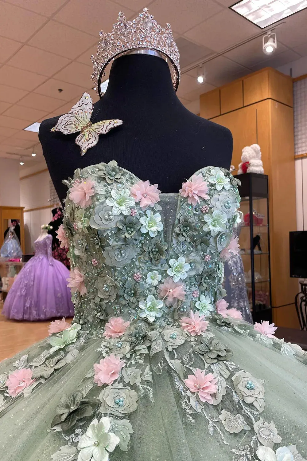 Ball Gown Mint Floral Quinceanera Dress Sweetheart with Pearls Appliques sold by My Chic Dress product image thumbnail 3