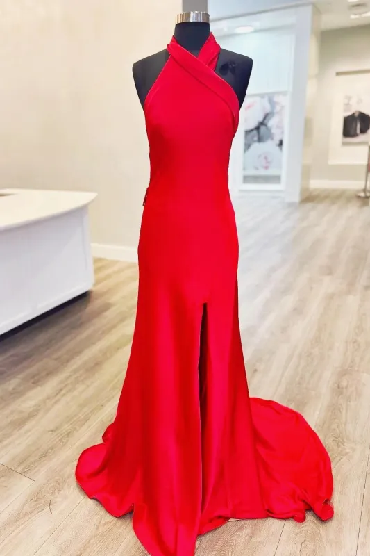 Halter Red Formal Guest Dress Fitted Satin Party Dress with Slit sold by My Chic Dress