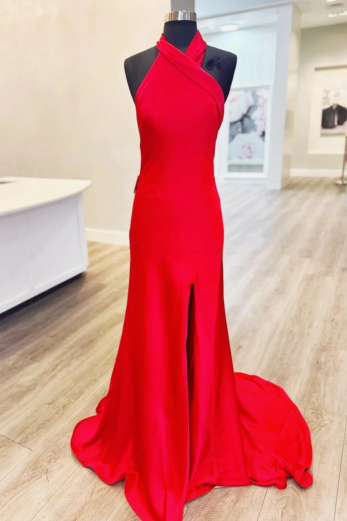 Halter Red Formal Guest Dress Fitted Satin Party Dress with Slit sold by My Chic Dress