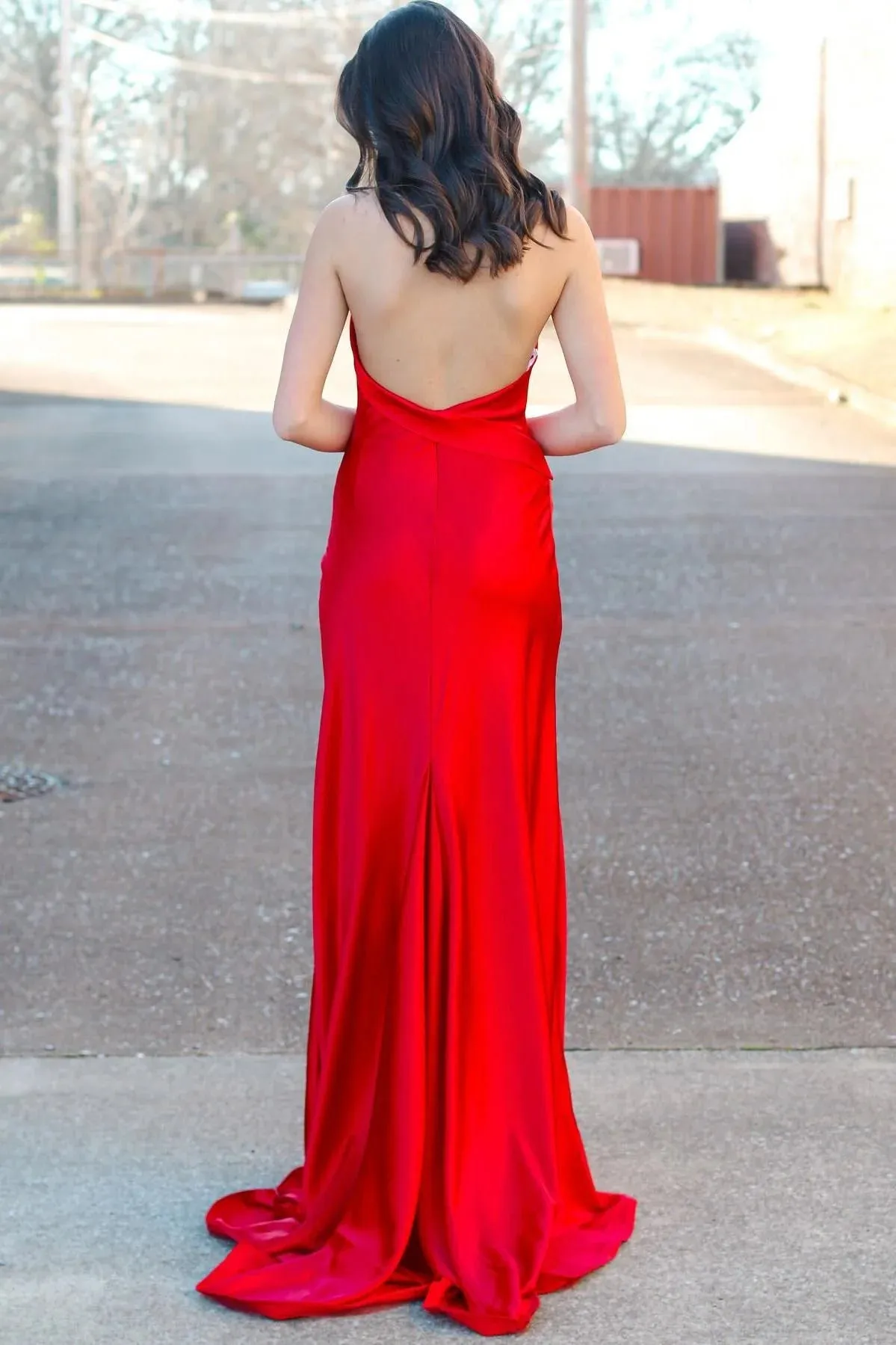 Halter Red Formal Guest Dress Fitted Satin Party Dress with Slit sold by My Chic Dress product image thumbnail 3