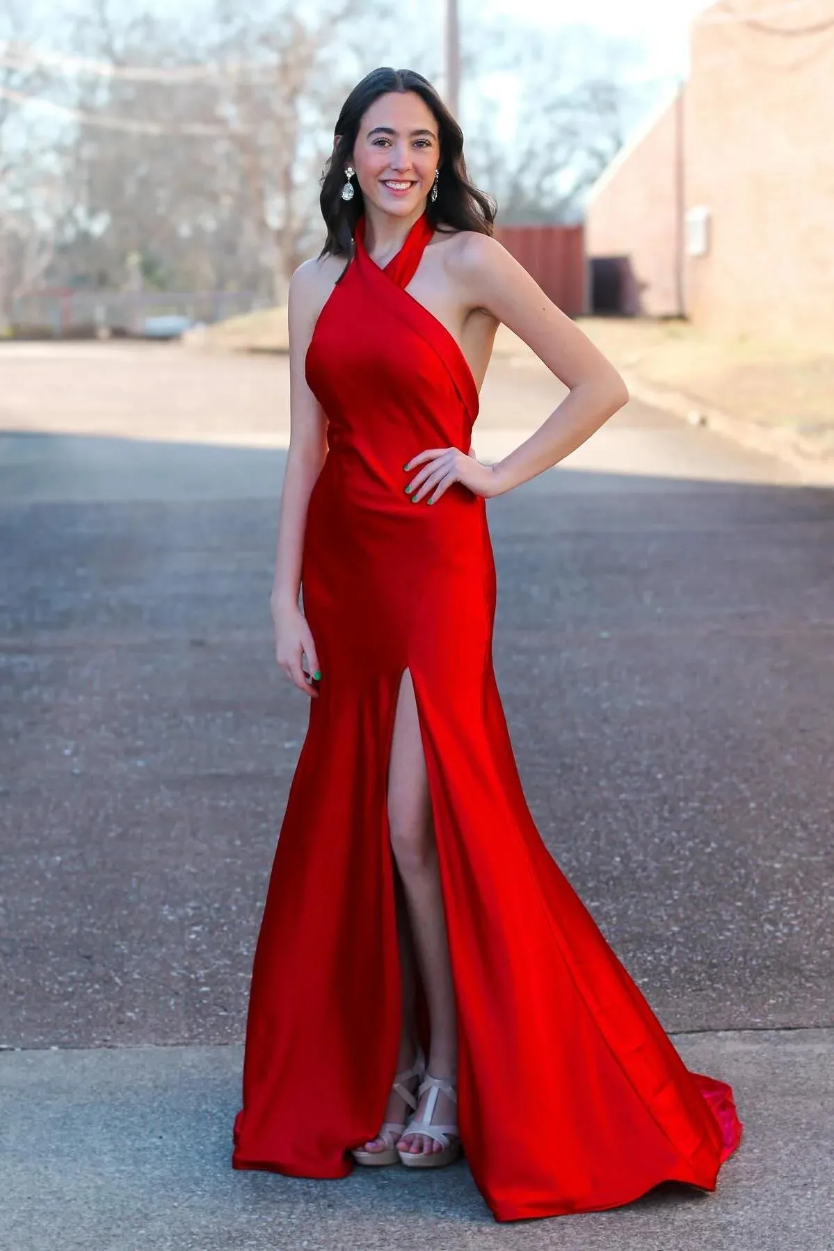 Halter Red Formal Guest Dress Fitted Satin Party Dress with Slit sold by My Chic Dress product image thumbnail 2