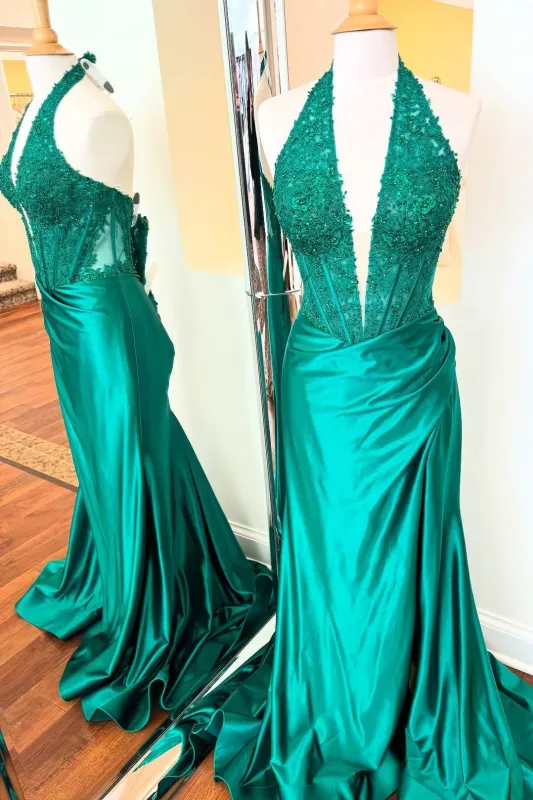 Custom made Green Halter Lace Prom Dress Mermaid V-Neck sold by My Chic Dress