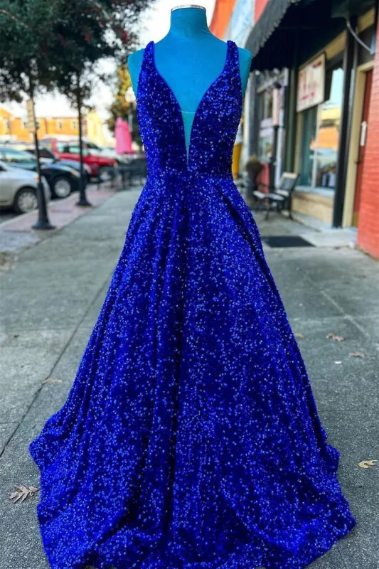 A Line Royal Blue Sequin Prom Dresses Straps Lace Up Back sold by My Chic Dress