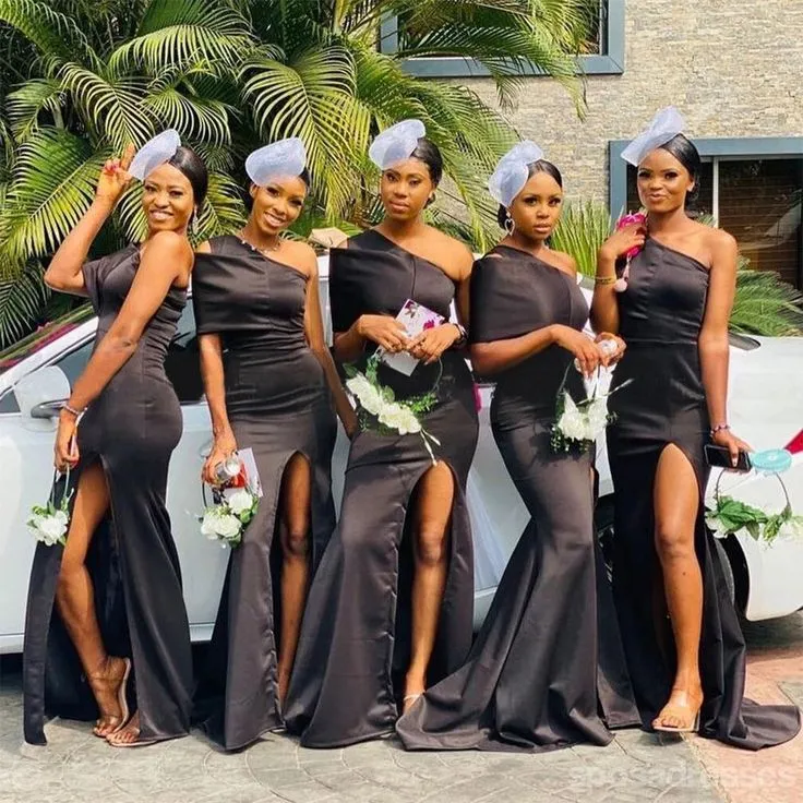 One Shoulder Beach Black Satin Bridesmaid Dresses with Slit sold by My Chic Dress