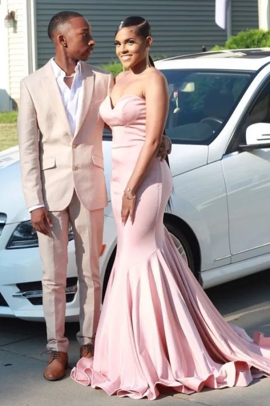 Long Pearl Pink Satin Mermaid Strapless Evening Gown UK Sweetheart sold by My Chic Dress