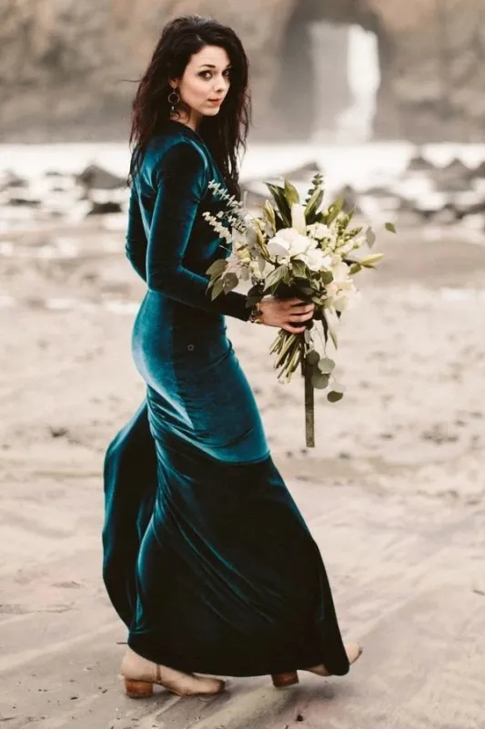 Long Sleeves Velvet Dark Green Formal Dresses for Winter Weddings sold by My Chic Dress