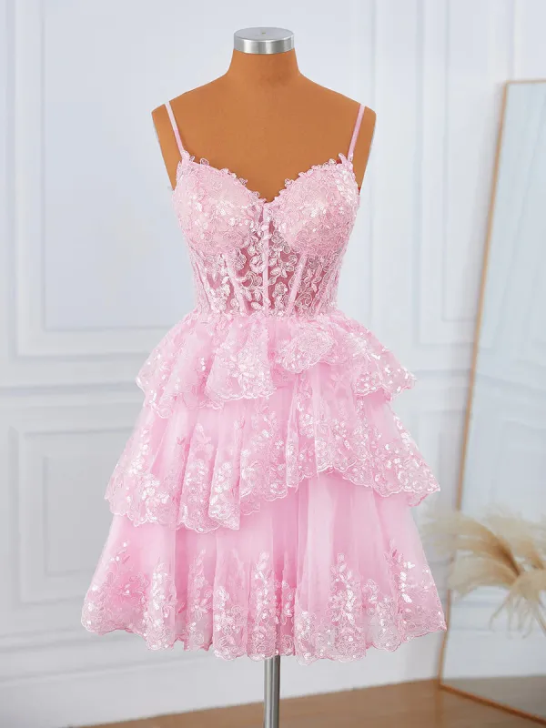 Corset Pink Mini Dress Tulle V-neck Appliques Short Lace Hoco Dress sold by My Chic Dress