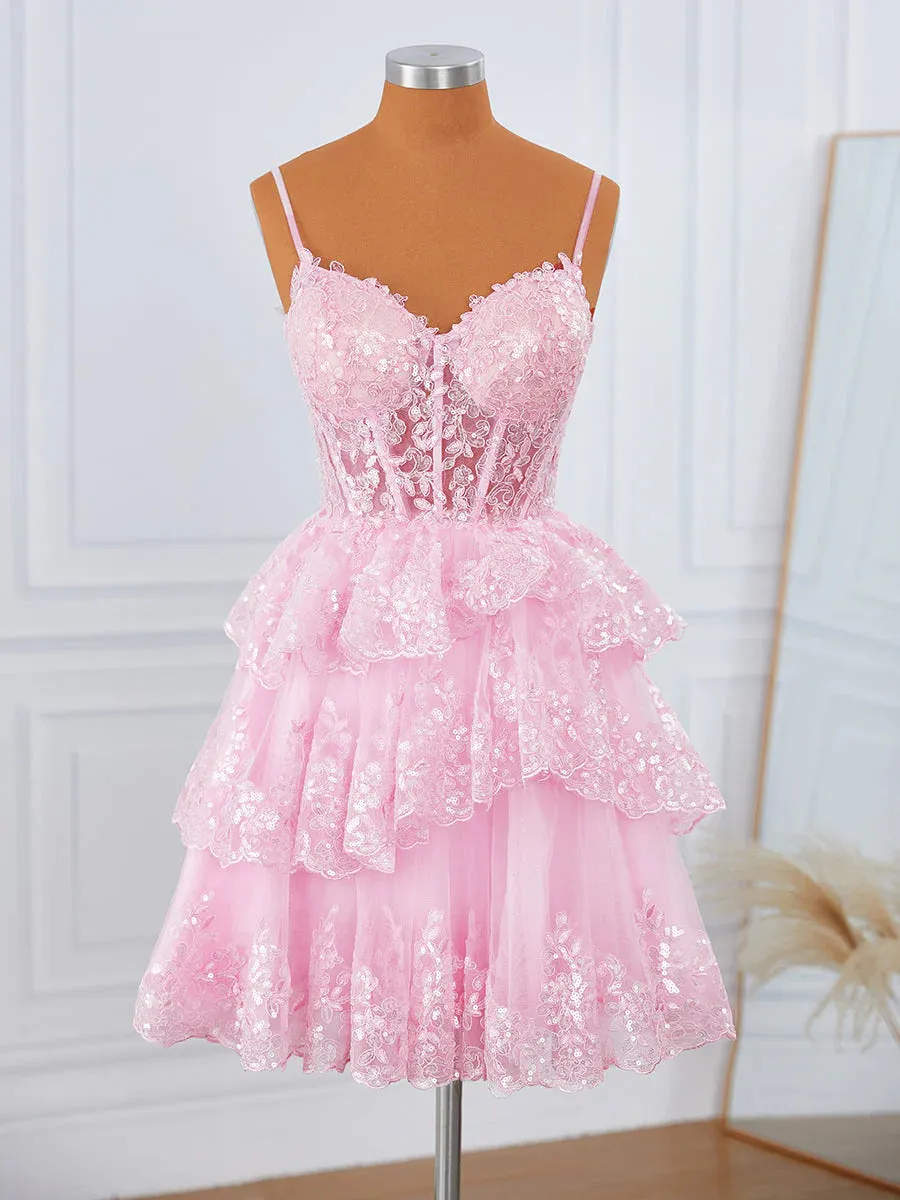 Corset Pink Mini Dress Tulle V-neck Appliques Short Lace Hoco Dress sold by My Chic Dress