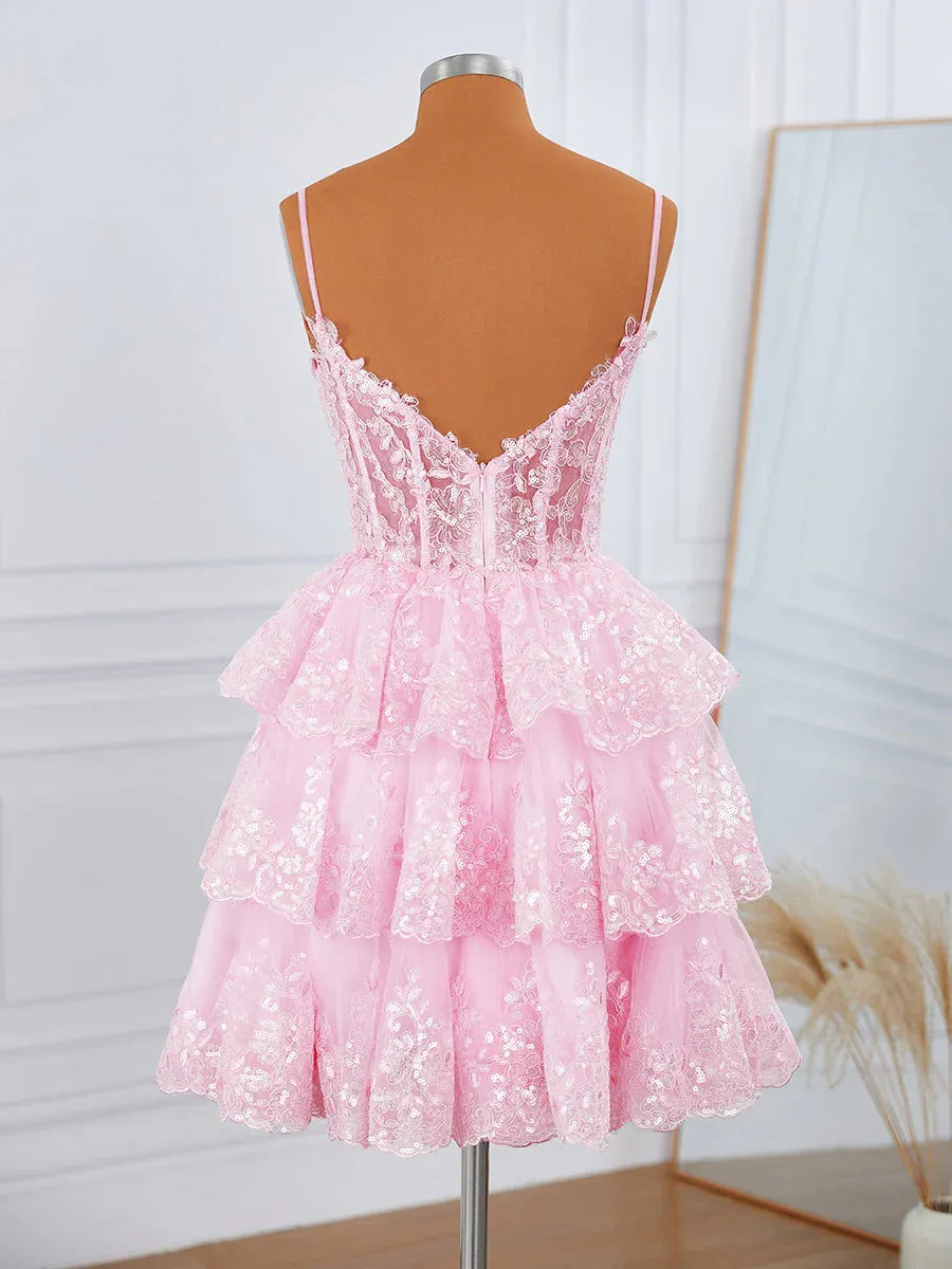 Corset Pink Mini Dress Tulle V-neck Appliques Short Lace Hoco Dress sold by My Chic Dress product image thumbnail 3