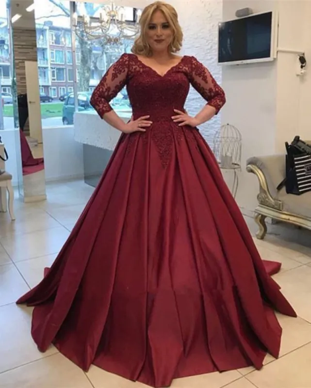 Ball Gown Dark Red Satin Wedding Dresses with Lace Appliques sold by My Chic Dress