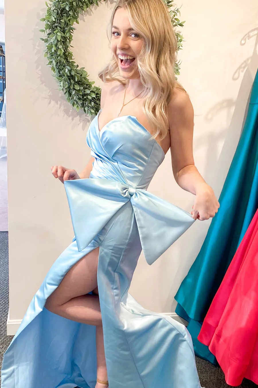 Sweetheart Strapless Red Prom Dress Satin slit with Bow sold by My Chic Dress product image thumbnail 4