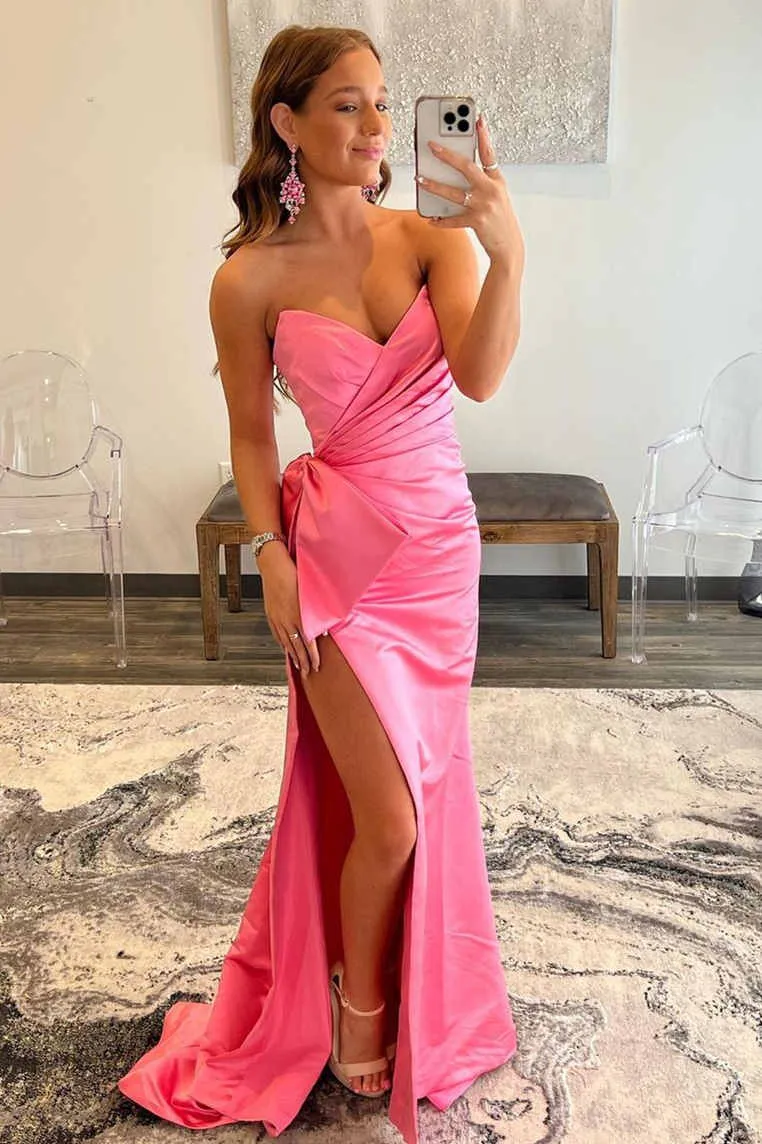 Sweetheart Strapless Red Prom Dress Satin slit with Bow sold by My Chic Dress product image thumbnail 3
