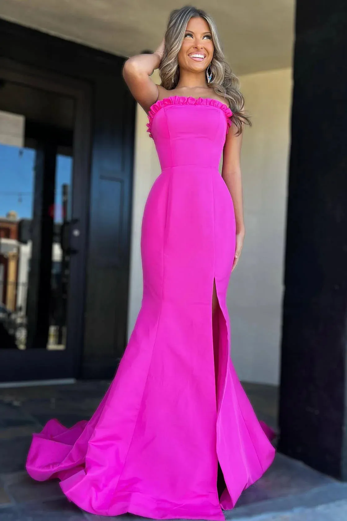 Long Strapless Fuchsia Formal Dress Satin Mermaid with Slit sold by My Chic Dress