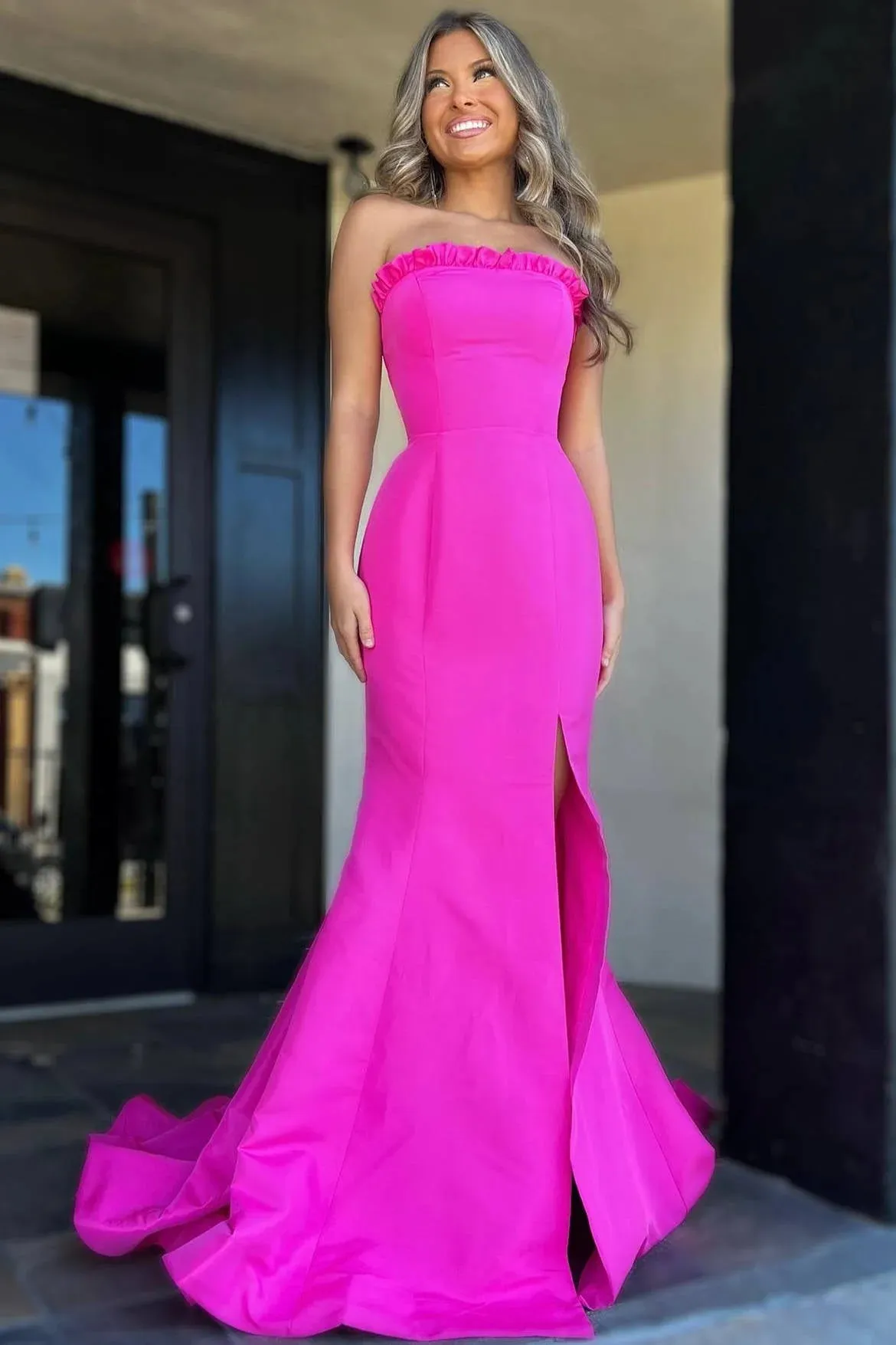 Long Strapless Fuchsia Formal Dress Satin Mermaid with Slit sold by My Chic Dress product image thumbnail 2