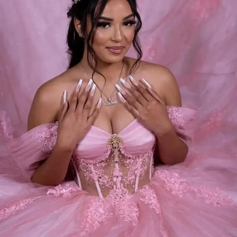 Beading Crystal Hot Pink Ball Gown Quinceanera Dresses Off Shoulder sold by My Chic Dress product image thumbnail 3