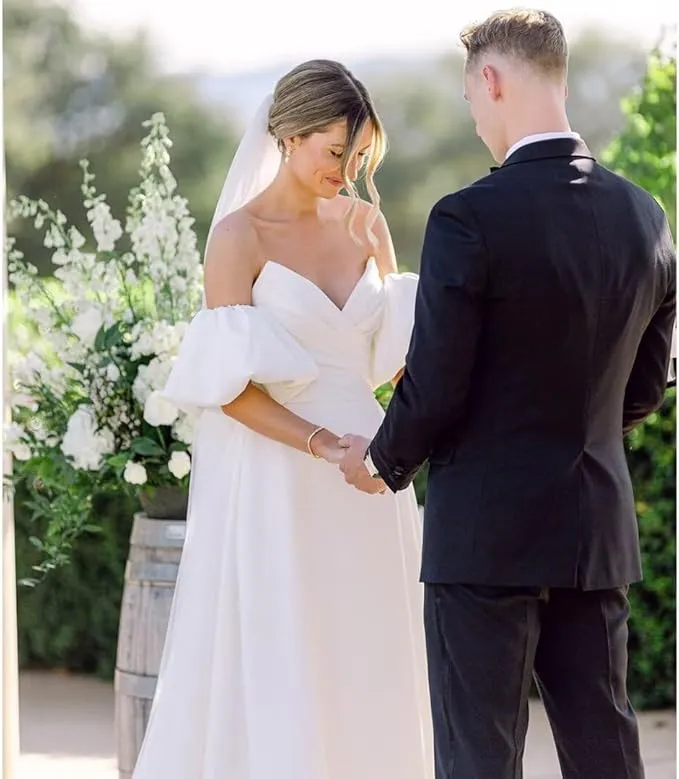 Simple Beach Strapless Satin Wedding Dresses for Women with Puff Sleeves sold by My Chic Dress product image thumbnail 2