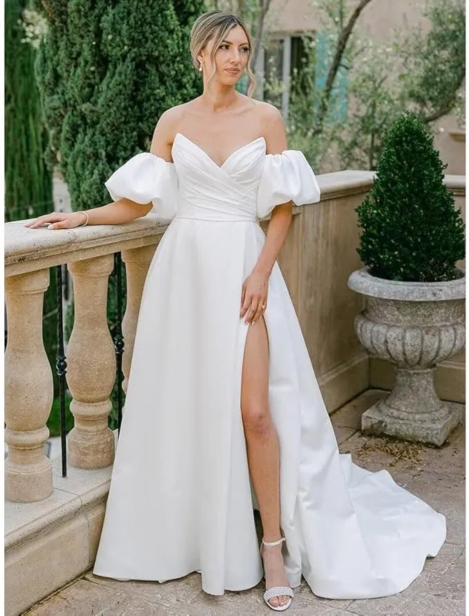 Simple Beach Strapless Satin Wedding Dresses for Women with Puff Sleeves sold by My Chic Dress product image thumbnail 3