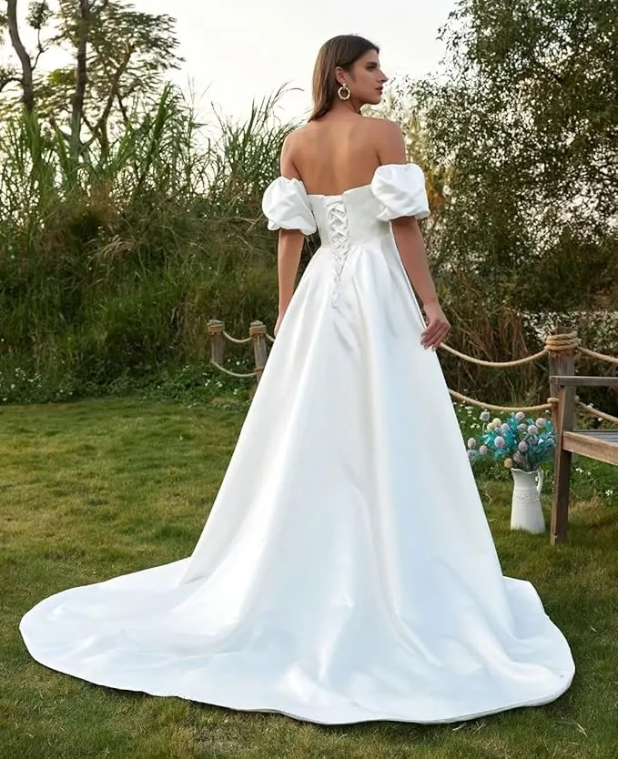 Simple Beach Strapless Satin Wedding Dresses for Women with Puff Sleeves sold by My Chic Dress product image thumbnail 5