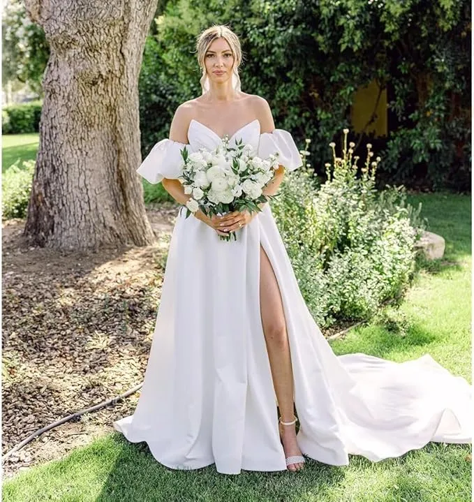 Simple Beach Strapless Satin Wedding Dresses for Women with Puff Sleeves sold by My Chic Dress