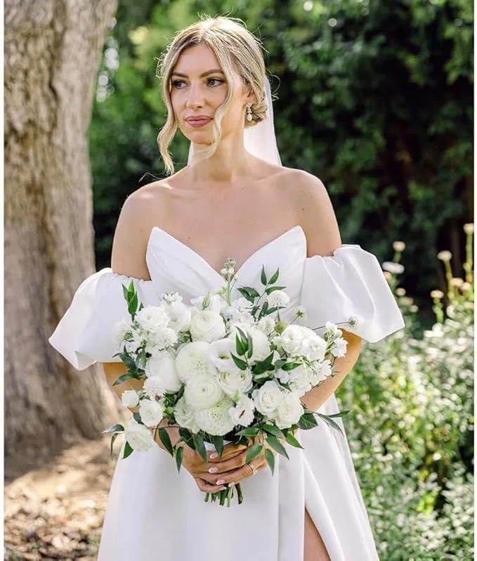 Simple Beach Strapless Satin Wedding Dresses for Women with Puff Sleeves sold by My Chic Dress product image thumbnail 4