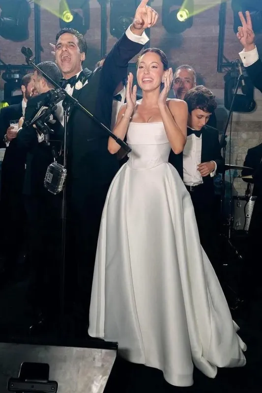 A Line White Strapless Wedding Dresses Corset Satin with Train sold by My Chic Dress