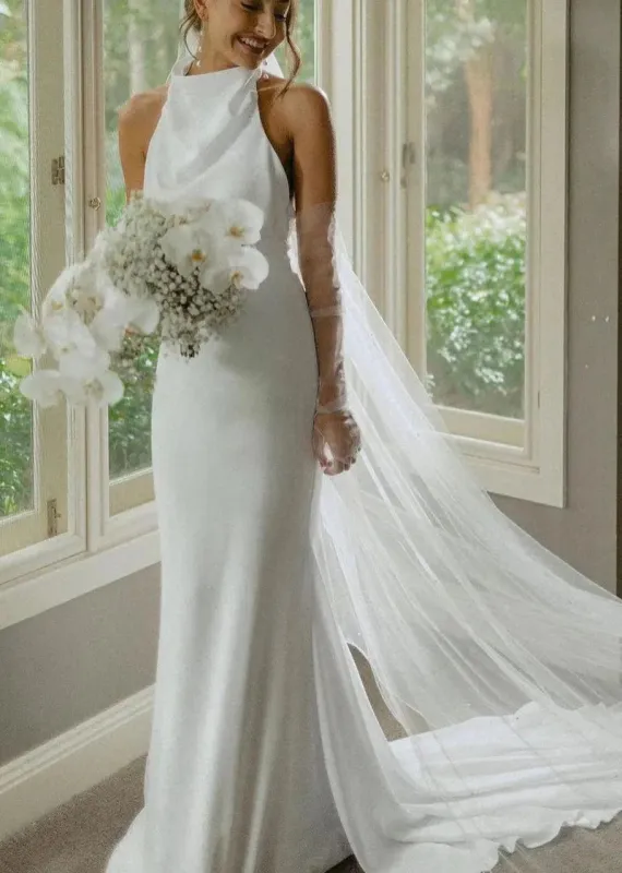 White Satin Casual Beach Wedding Dresses Halter Mermaid sold by My Chic Dress