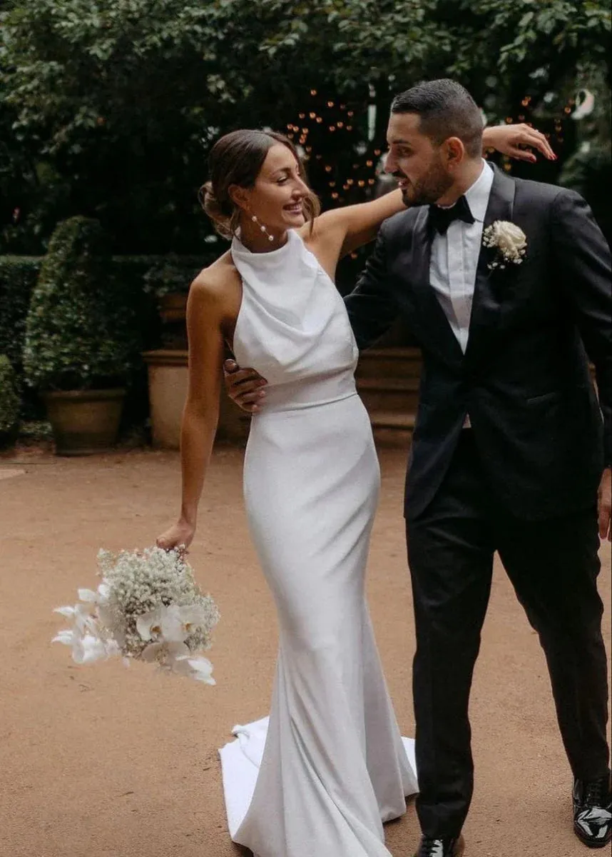 White Satin Casual Beach Wedding Dresses Halter Mermaid sold by My Chic Dress product image thumbnail 3