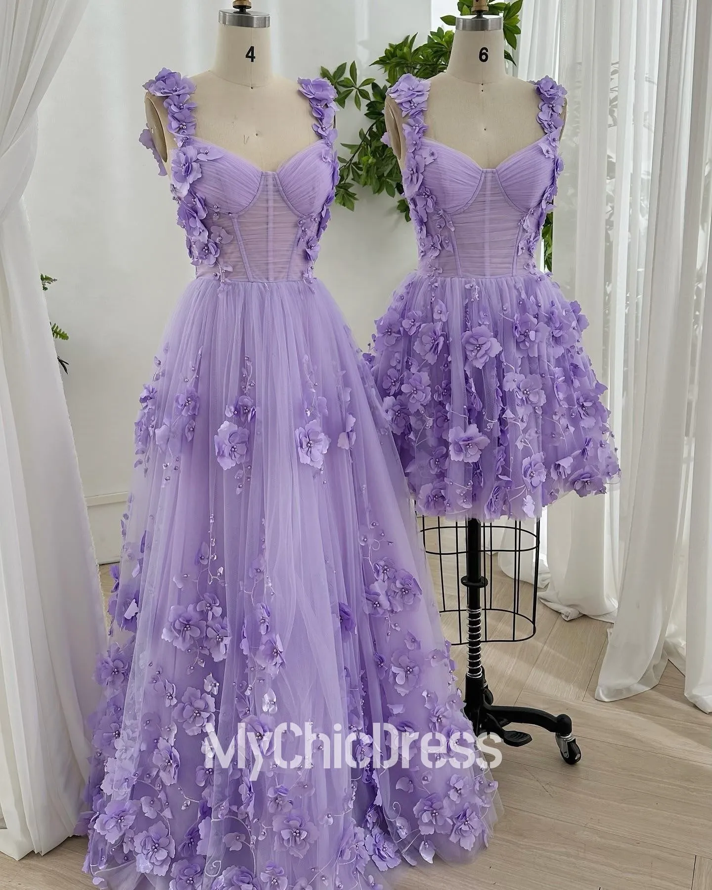 A Line Tulle Floral Lilac Prom Dresses Near Me Straps Sleeveless sold by My Chic Dress