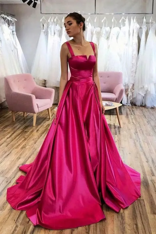 A-line Long Fuchsia Evening Dress US Satin with Court Train sold by My Chic Dress