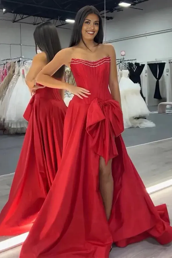 A-Line Strapless Corset Satin Red Prom Dress with Big Bow sold by My Chic Dress