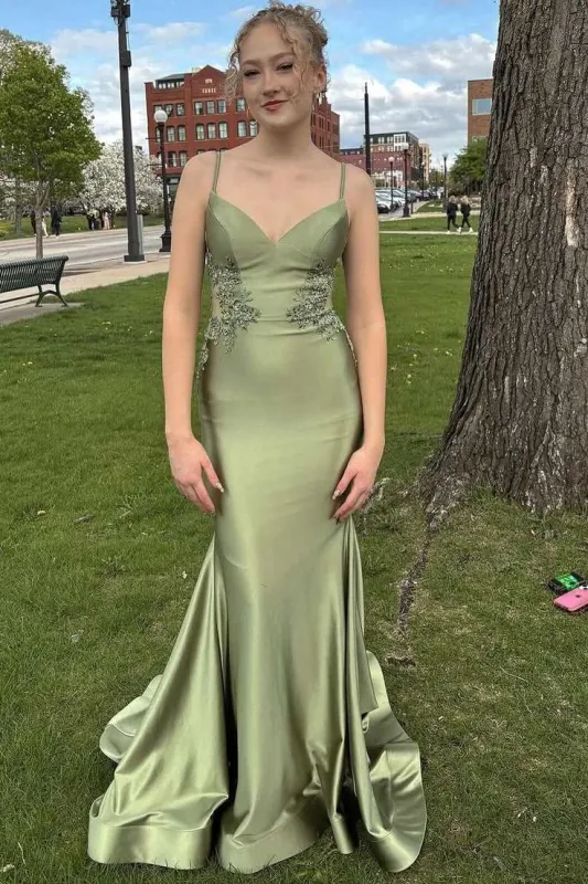 Straps Sage Green Long Senior Prom Dress UK Mermaid Backless sold by My Chic Dress