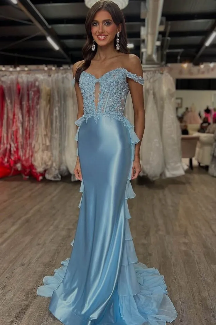 Lace Corset Blue Prom Dress Off the Shoulder with Ruffle sold by My Chic Dress