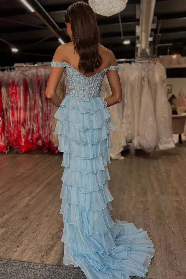 Lace Corset Blue Prom Dress Off the Shoulder with Ruffle sold by My Chic Dress product image thumbnail 2