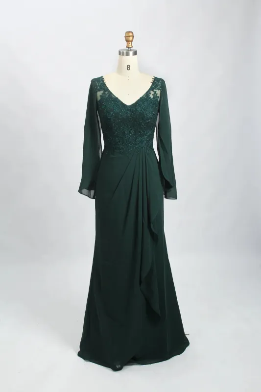 V Neck Long Sleeves Lace Chiffon Dark Green Mother of the Bride Dress with Beaded sold by My Chic Dress