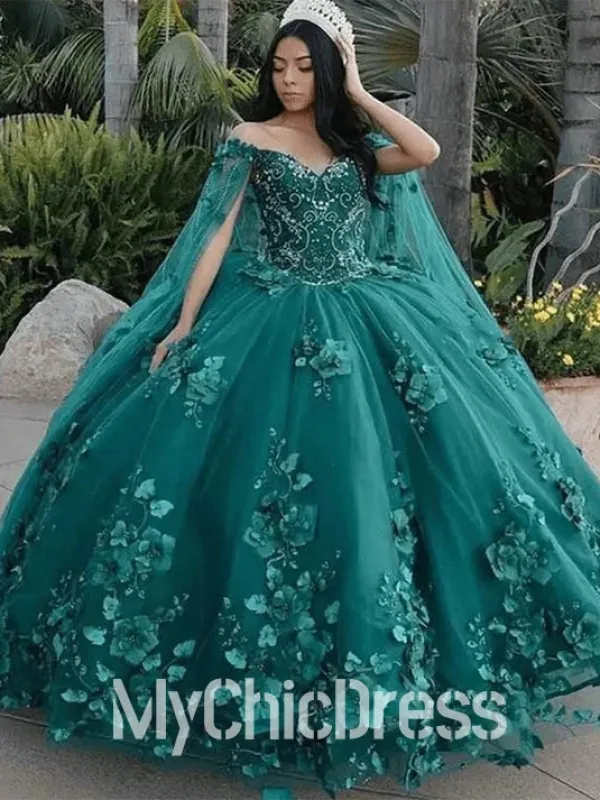 Dark Green Ball Gown Quinceanera Dress 3D Flowers Off-the-Shoulder with Cape sold by My Chic Dress