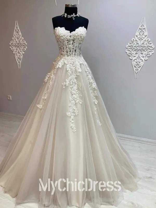 A Line Lace Pearls Basque Waist Wedding Gown Sweetheart Strapless sold by My Chic Dress