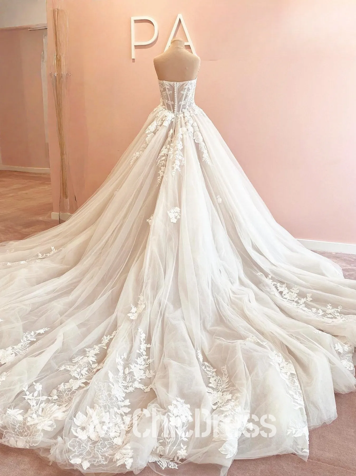 Princess Boho Lace Basque Waist Wedding Gown Strapless with Appliques sold by My Chic Dress product image thumbnail 2