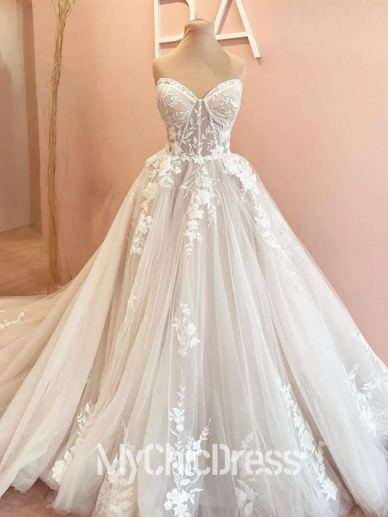 Princess Boho Lace Basque Waist Wedding Gown Strapless with Appliques sold by My Chic Dress