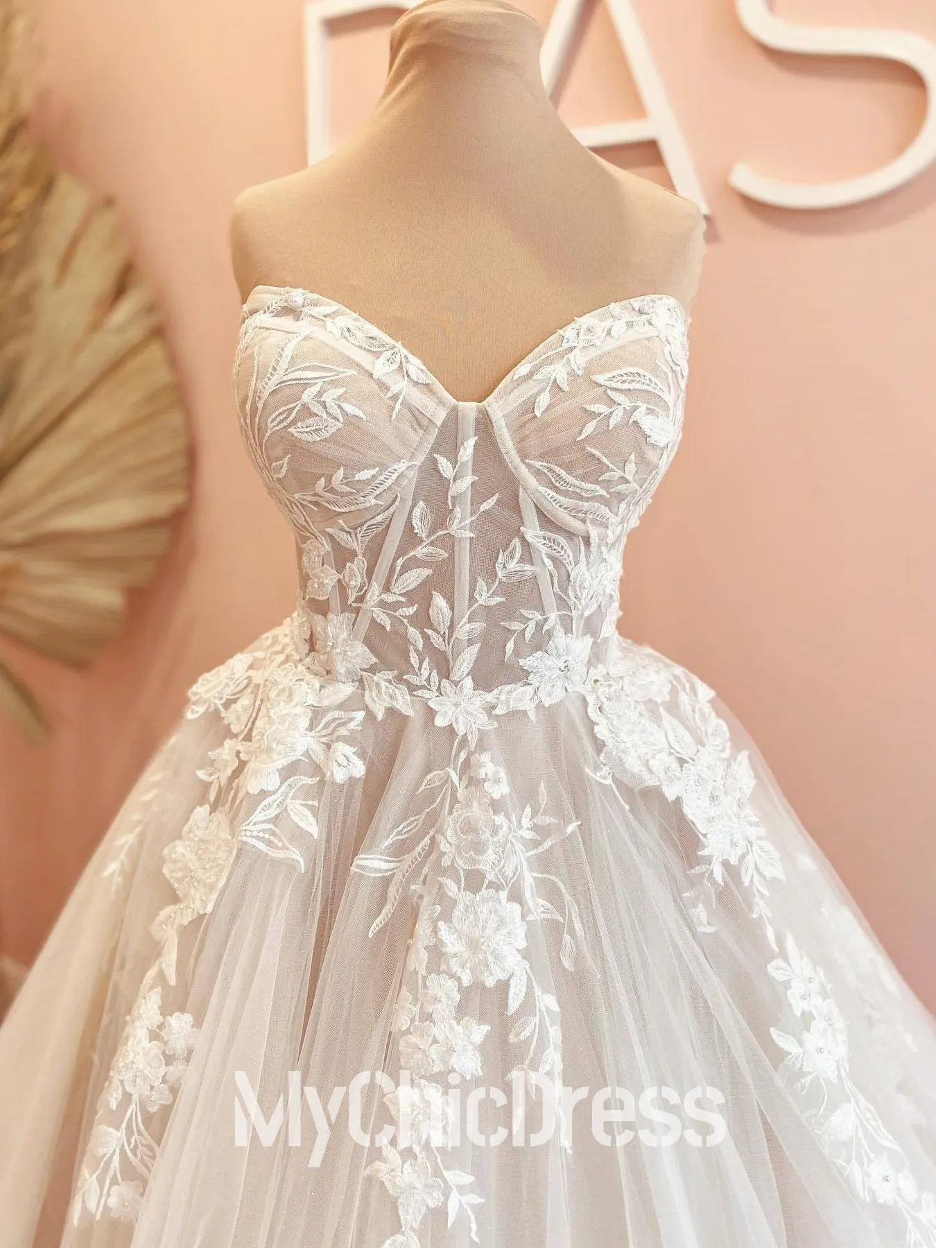 Princess Boho Lace Basque Waist Wedding Gown Strapless with Appliques sold by My Chic Dress product image thumbnail 3